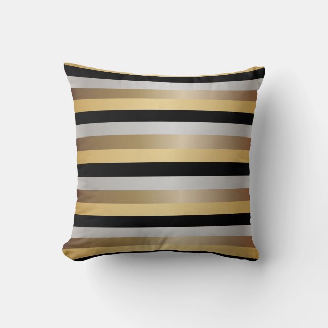Black, Bronze, Silver and Gold Stripes Throw Pillow (Front)