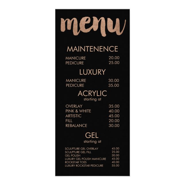 Black & Bronze Typography Salon Menu Cards (Front)