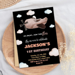 Black Brown Airplane Birthday Invitations