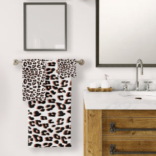 Black Brown and White Leopard Print Bath Towel Set