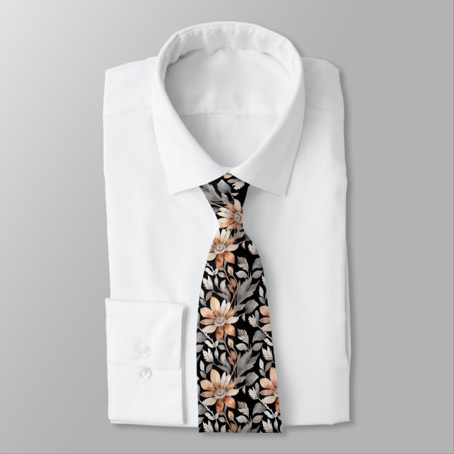 Black Brown Beige Grey Boho Floral Wedding Groom Tie (Tied)