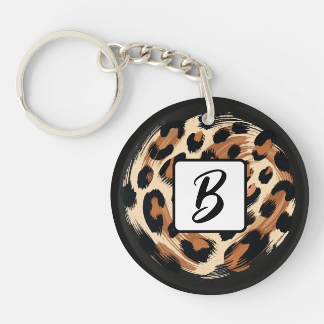 Black Brown Cream Painted Leopard Animal Print  Keychain (Front)