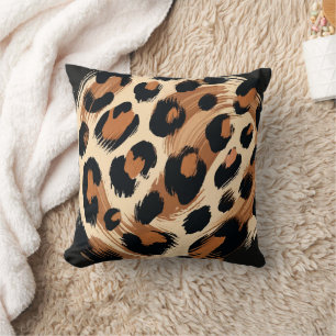 Black Brown Cream Painted Leopard Animal Print  Throw Pillow