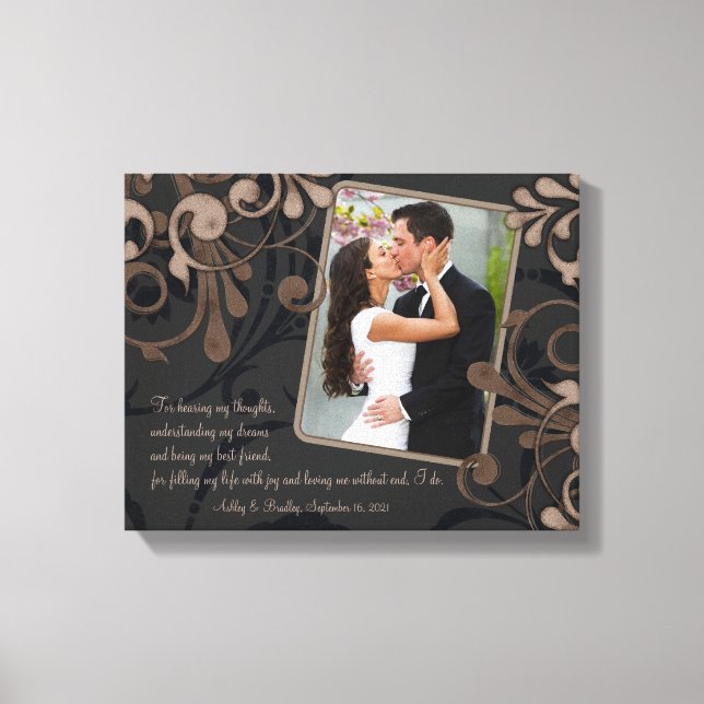 Black Brown Floral Wedding Photo Template Canvas Print (Front)
