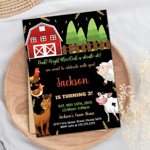 Black Brown Green Farm Birthday Invitations