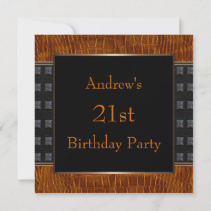 Black Brown Leather Mans 21st Birthday Party Invitation