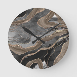 Black Brown Marble Agate Gold Glitter Glam #1  Round Clock