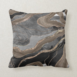 Black Brown Marble Agate Gold Glitter Glam #1 Throw Pillow