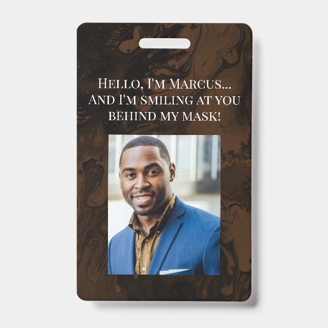 Black & Brown Marble Hello Behind the Mask Badge (Front)