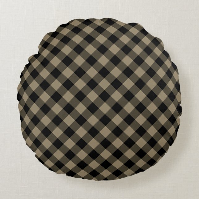 Black Brown Patternd Check Round Pillow (Front)