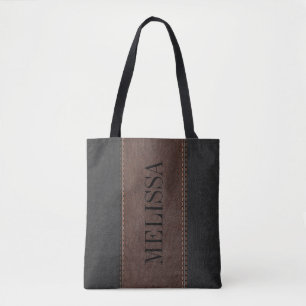 Black & Brown Stitched Leather Texture Tote Bag