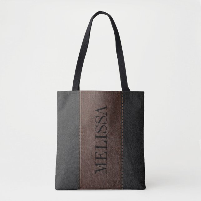 Black & Brown Stitched Leather Texture Tote Bag (Front)
