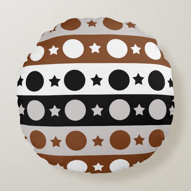 Black Brown White Dots Stars Stripes Design  Round Pillow (Front)