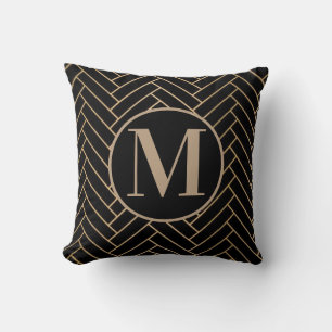 Black, Brownish & Gold Elegant Monogram Throw Pillow