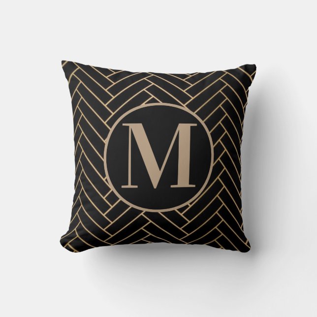 Black, Brownish & Gold Elegant Monogram Throw Pillow (Front)