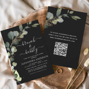 Black Brunch & Bubbly QR Code Eucalyptus Invitation