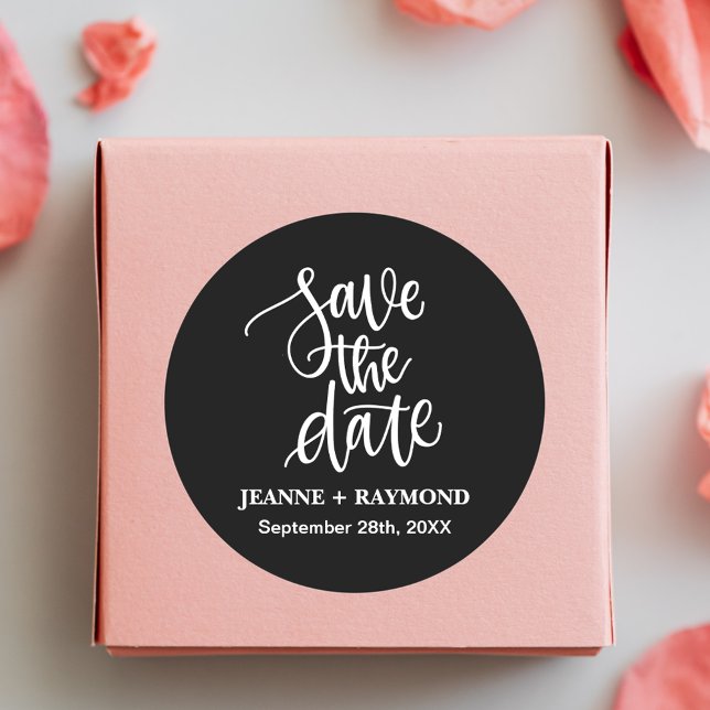 Black Brush Lettered Custom Save the Date Wedding Classic Round Sticker (Custom save the date sticker creates a timeless touch for invitation envelopes.)