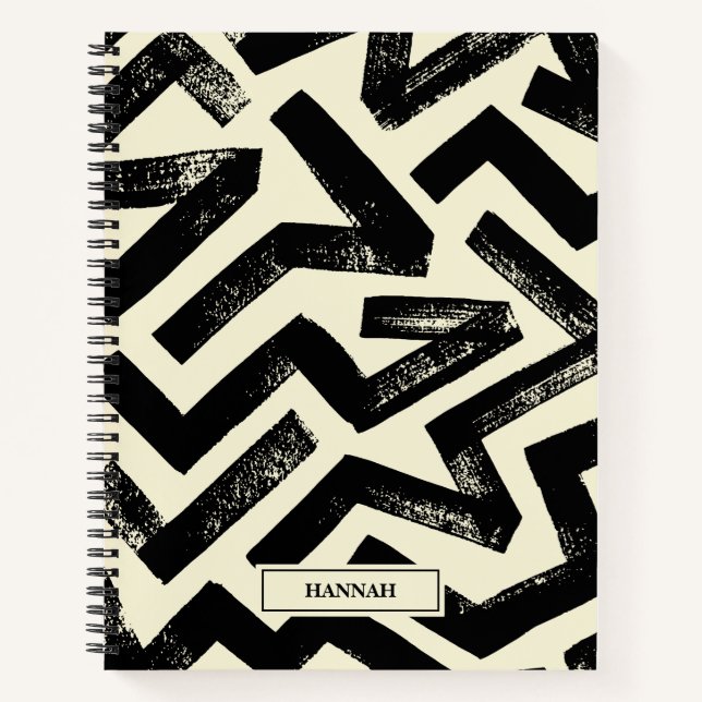 Black Brush Lines Geometric Pattern | Personalized Notebook (Front)