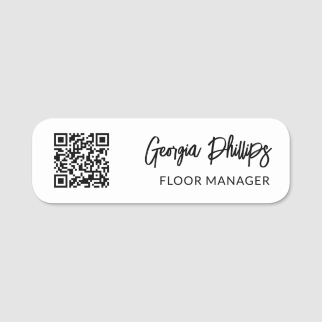 Black Brush Script QR Code Employee Name Tag (Front)