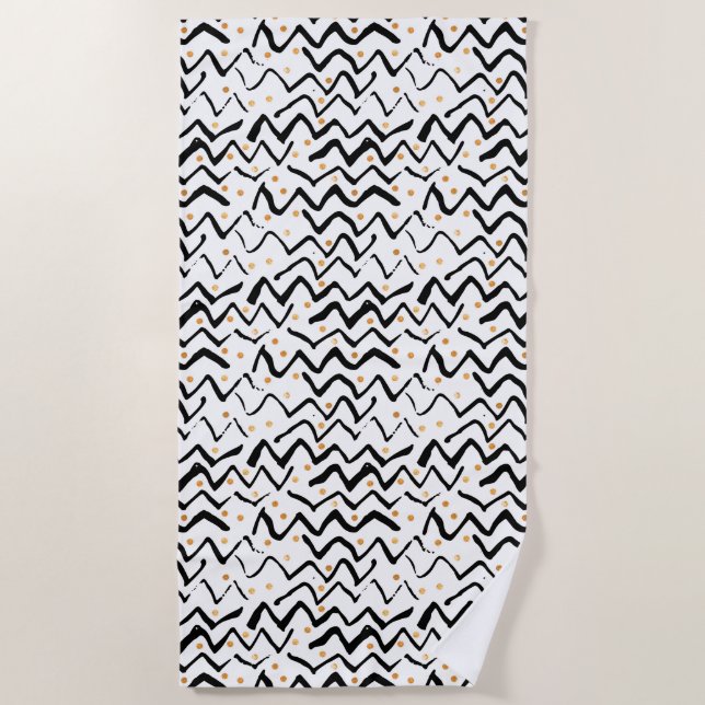 Black Brush Strokes & Dots Pattern Beach Towel (Front)