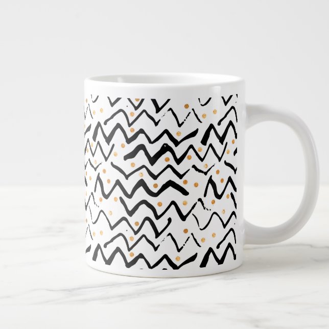 Black Brush Strokes & Dots Pattern Large Coffee Mug (Right)