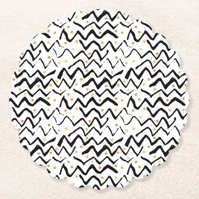 Black Brush Strokes & Dots Pattern Paper Coaster (Front)