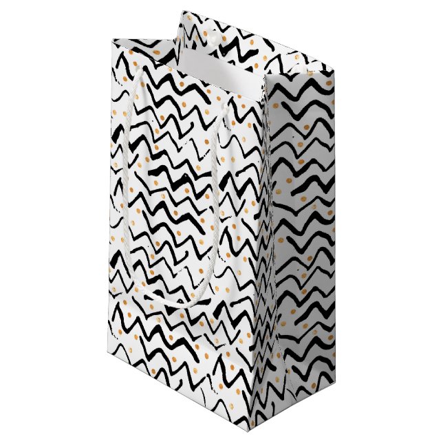 Black Brush Strokes & Dots Pattern Small Gift Bag (Front Angled)