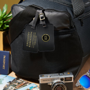 Black Brushed Aluminum TextureGold Typography Luggage Tag