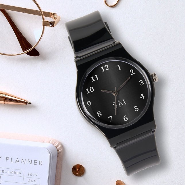 Black Brushed Metal and White Monogrammed Initials Watch (Creator Uploaded)