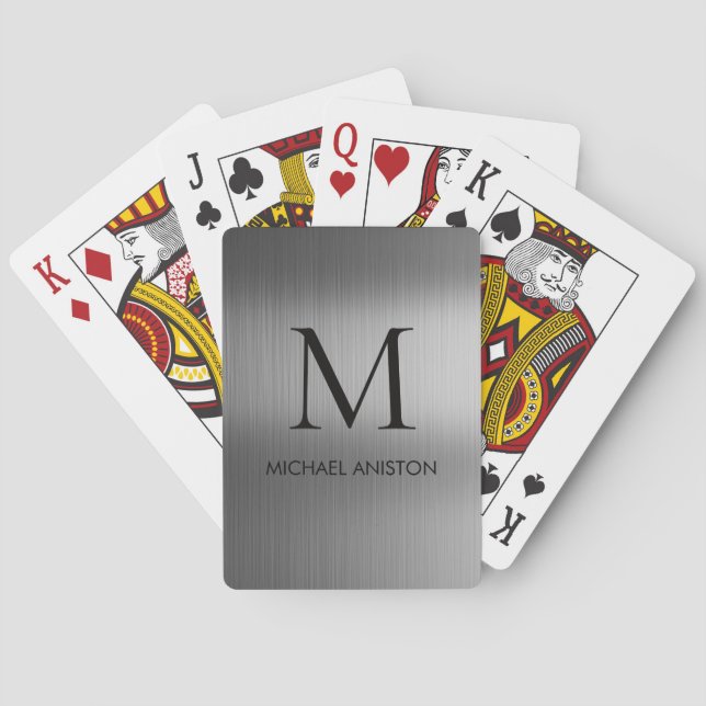 Black Brushed Metallic Personalized Monogram chic Playing Cards (Back)