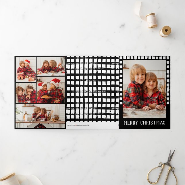 Black Brushstroke Plaid Photo TriFold Holiday Card (Outside)