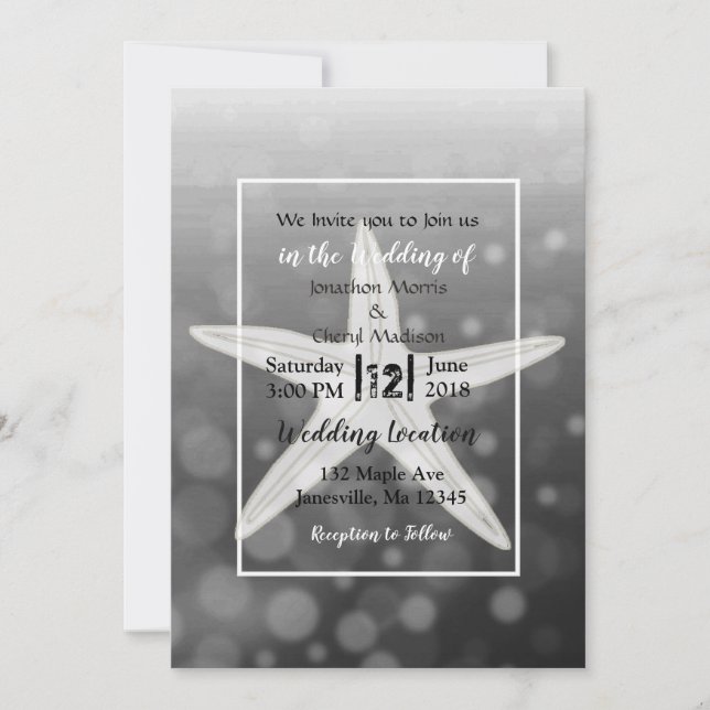 Black Bubbles Starfish Plage Mariage Invitations (Devant)
