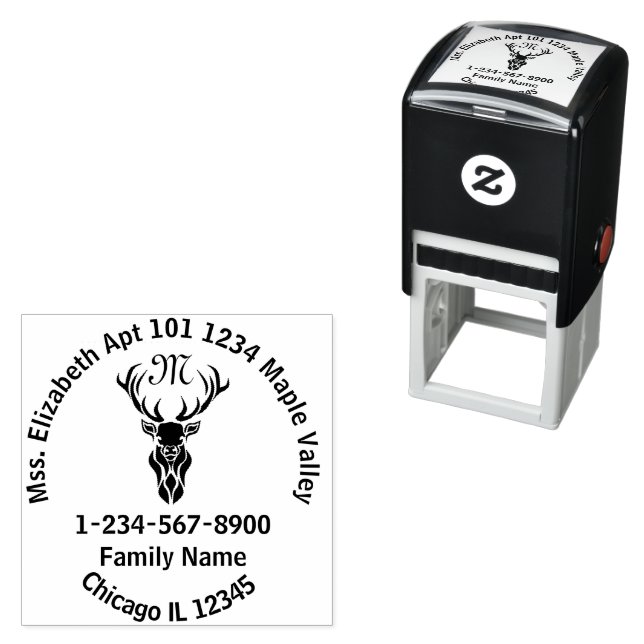 Black Buck Monogram Return Address Self-inking Stamp (In Situ)