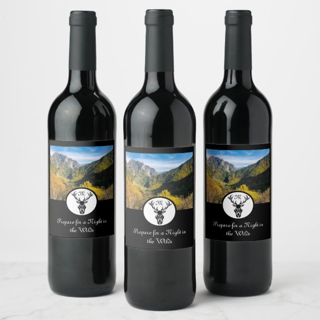 Black Buck Silhouette Monogram w Customized Selfie Wine Label (Bottles)