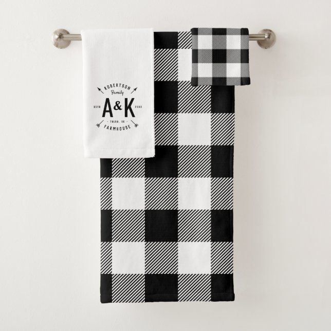 Black Buffalo Check and Farmhouse Arrow Monogram Bath Towel Set (Insitu)