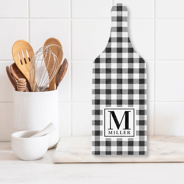 Black Buffalo Check Farmhouse Monogram Glass Cutting Board (Creator Uploaded)