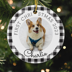 Black Buffalo Check Pet's First Christmas Photo Ceramic Ornament