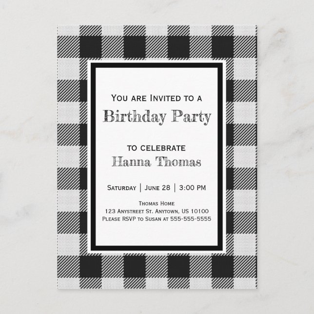 Black Buffalo Plaid Birthday Invitation Postcard (Front)