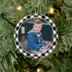 Black Buffalo Plaid Christmas Kids Photo Ceramic Ornament