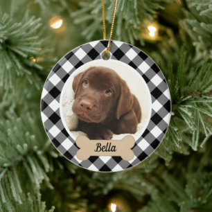 Black Buffalo Plaid Custom Puppy Dog Photo Ceramic Ornament