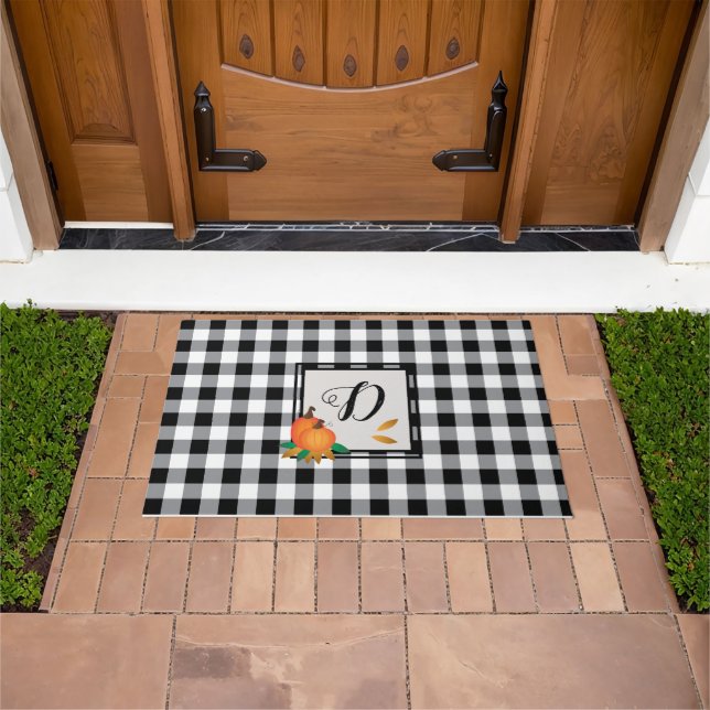 Black Buffalo Plaid Fall Monogram  Doormat (Outdoor)