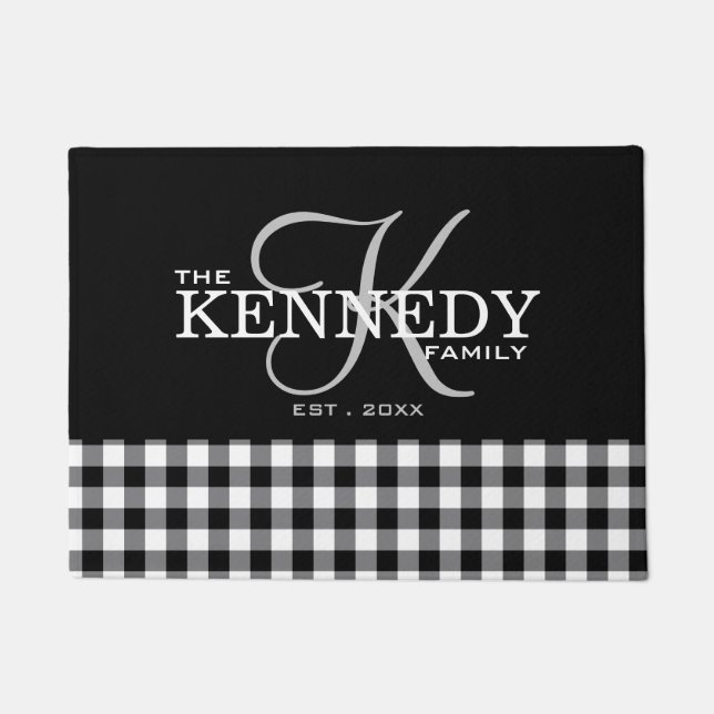 Black Buffalo Plaid Family Name Monogram    Doormat (Front)