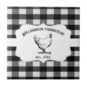 Black Buffalo Plaid Farm Chicken Decorative Tile