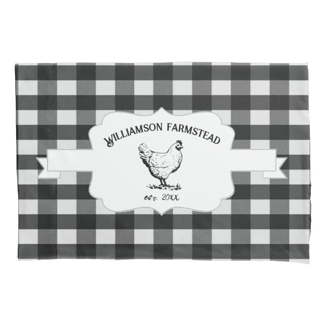 Black Buffalo Plaid Farm Chicken Pillow Case (Front)