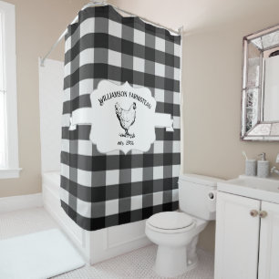 Black Buffalo Plaid Farm Chicken Shower Curtain