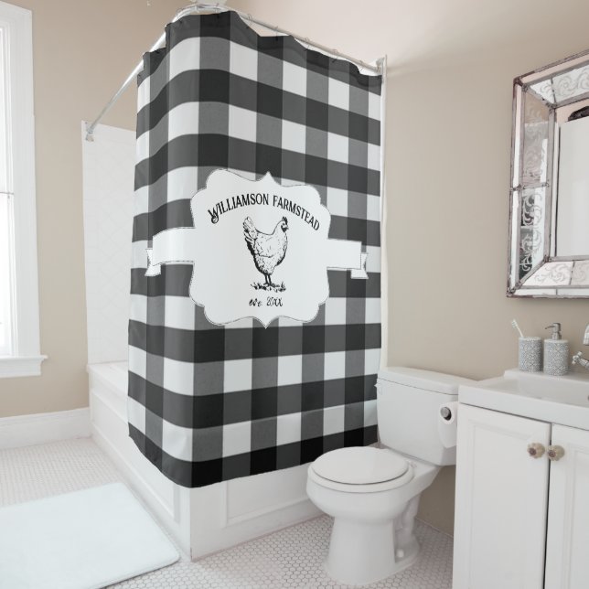 Black Buffalo Plaid Farm Chicken Shower Curtain (In Situ)