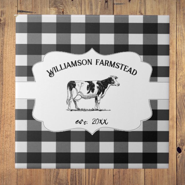 Black Buffalo Plaid Farm Cow Decorative Tile (Black Buffalo Plaid Farm Cow Decorative Ceramic Tile)