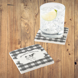 Black Buffalo Plaid Farm Cow Stone Coaster