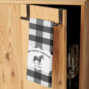 Black Buffalo Plaid Farm Horse Serviette de cuisin