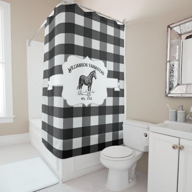 Black Buffalo Plaid Farm Horse Shower Curtain (In Situ)